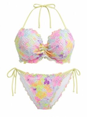 Victoria’s Secret Pastel Floral Lace Bikini Set - Yellow Accent 34D M